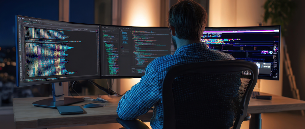 Developer in blue checkered shirt seated at desk working on three monitors displaying code with syntax highlighting in dark theme interface.