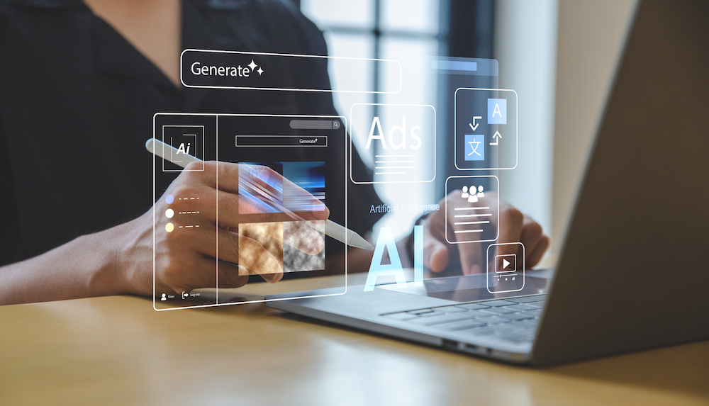 Person interacts with holographic AI interface displaying "Generate," image generation tools, text formatting options, and artificial intelligence icons overlaid above laptop keyboard.