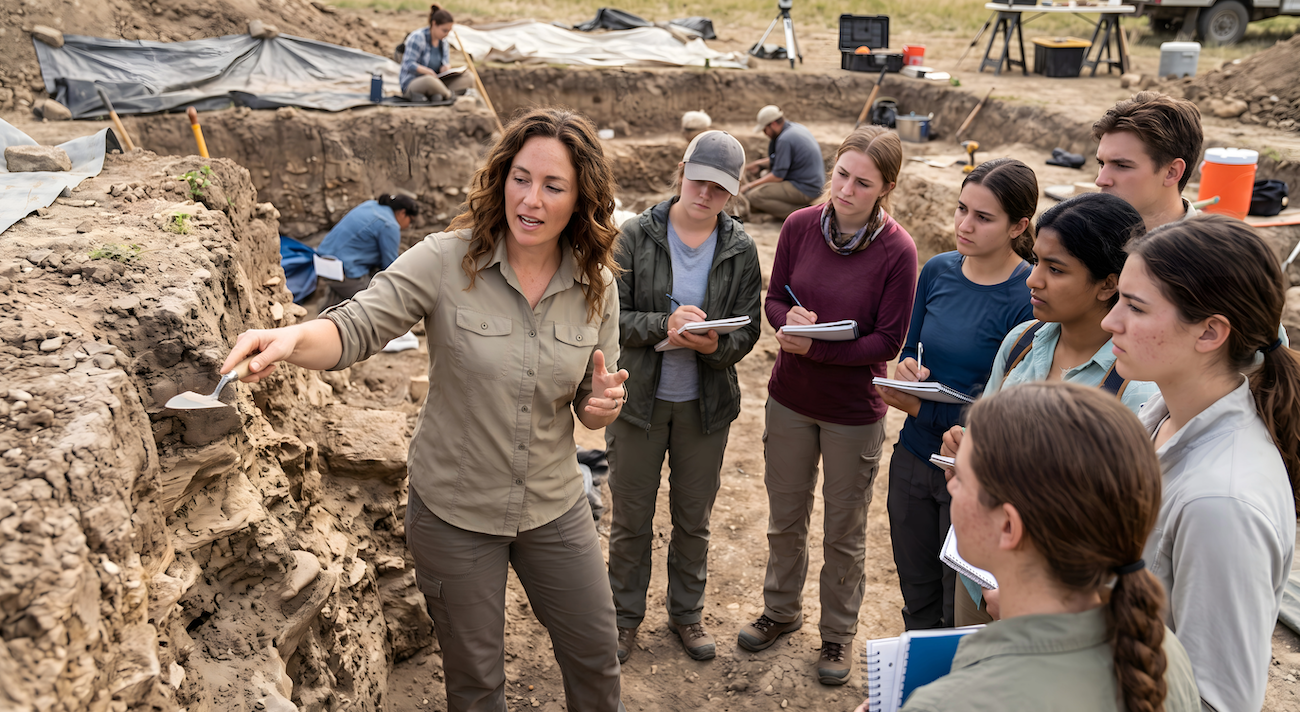 Group of students at excavation site listening to instructions from professional instructor holding a clipboard.