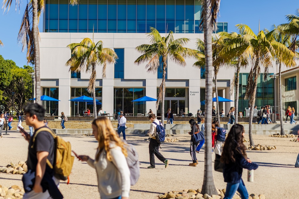 UCSB Campus students walking outside of the library