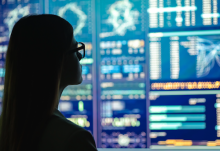 Person wearing glasses viewing multiple data visualization screens displaying charts and graphs in blue, green, and orange colors.