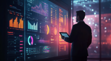 A business professional in a dark suit stands with their back to the viewer, holding a tablet while examining a large display wall filled with colorful data visualizations, including bar charts, line graphs, pie charts, and scrolling code or data streams, all rendered in glowing neon orange, pink, green, and blue tones against a dark background.